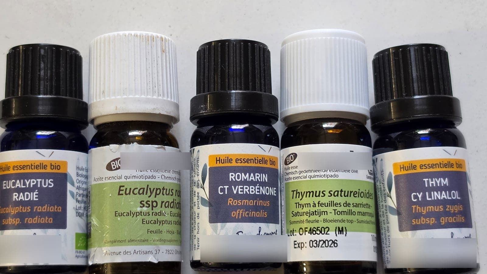 Rangée de flacons d’huiles essentielles étiquetées par chémotype : romarin CT verbénone, thym CY linalol, eucalyptus radié, plusieurs portant la mention « huile essentielle chémotypée ». (Photo Manuel Ferreira.)