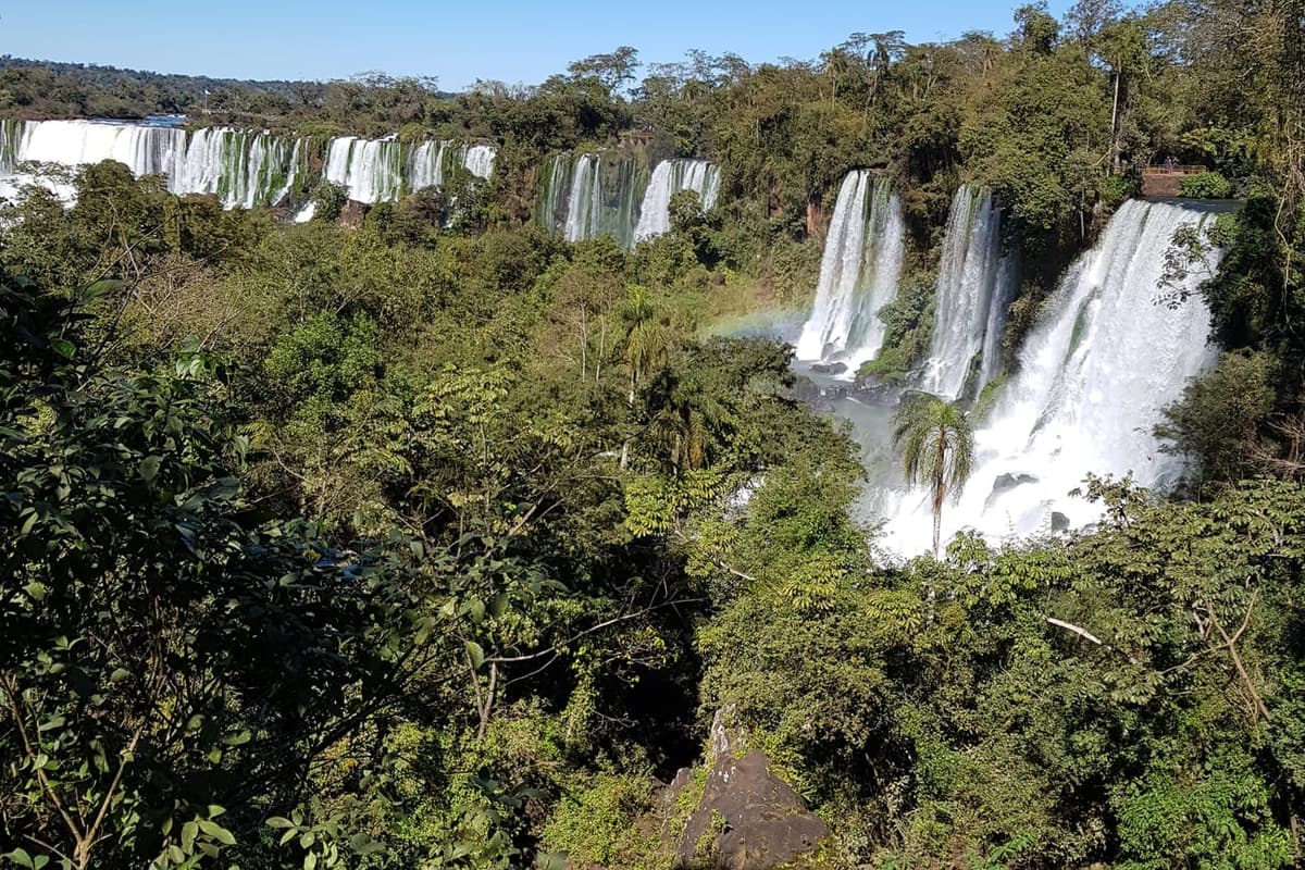 Forêt subtropicale dense au premier plan et rideau de chutes d’eau à l’arrière-plan, avec un arc-en-ciel, aux chutes d’Iguazú