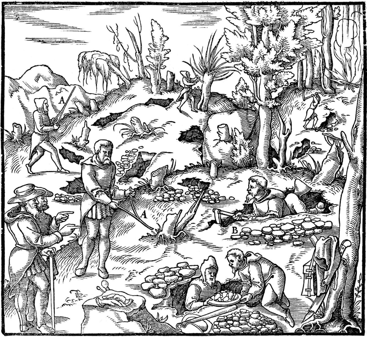 Gravure sur bois du XVIe siècle : dans un paysage de collines et d’arbres, des hommes marchent en tenant devant eux une baguette fourchue, pendant que d’autres creusent des tranchées et examinent des pierres