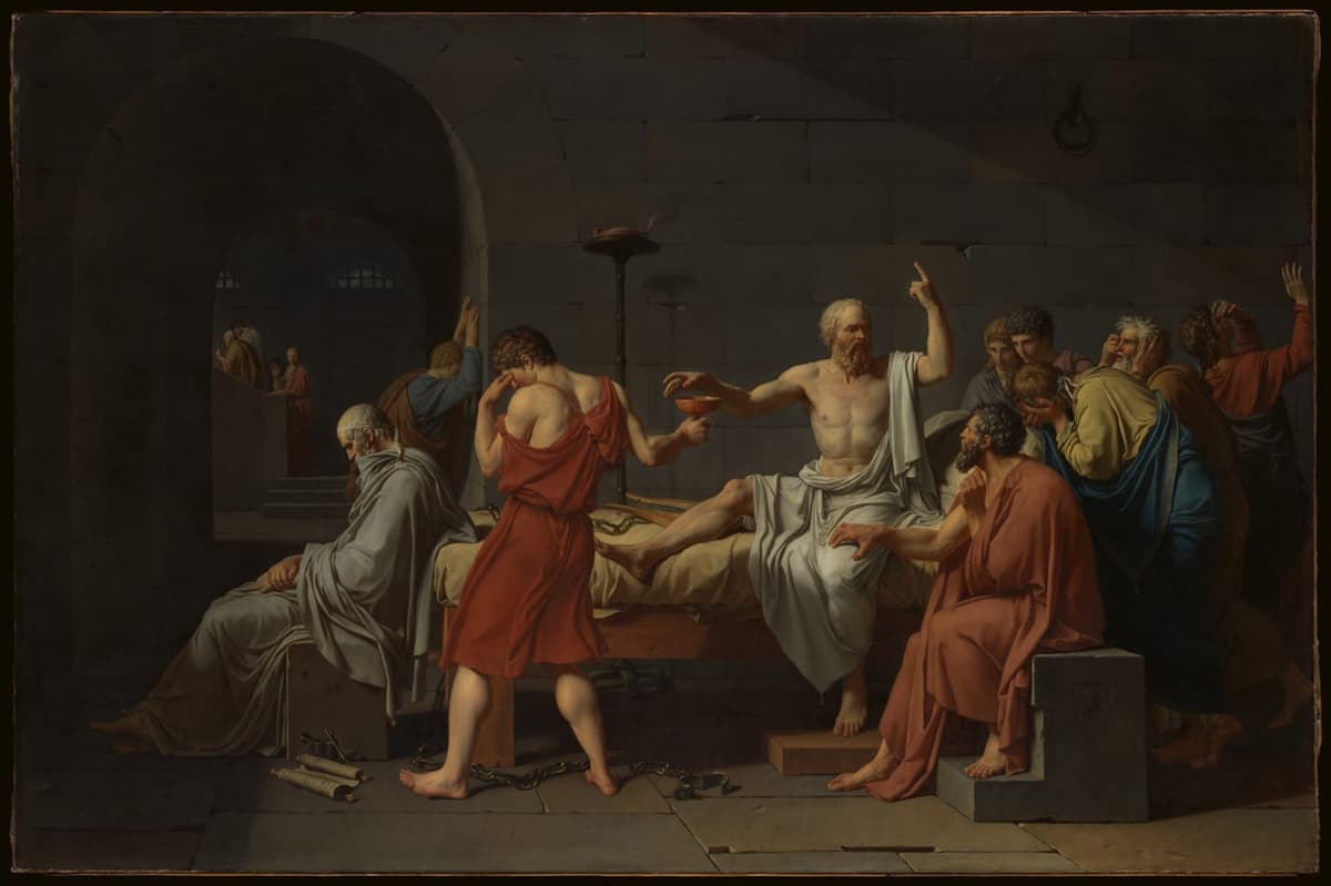La Mort de Socrate, tableau de Jacques-Louis David (1787) : Socrate saisit la coupe de ciguë en gesticulant, entouré de ses disciples éplorés