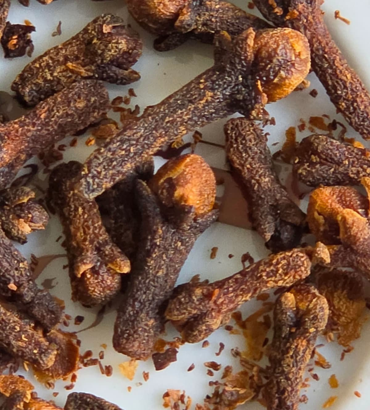Gros plan sur une poignée de clous de girofle secs : chacun montre une hampe brune quadrangulaire terminée par quatre pointes écartées, entre lesquelles se loge une tête arrondie plus claire